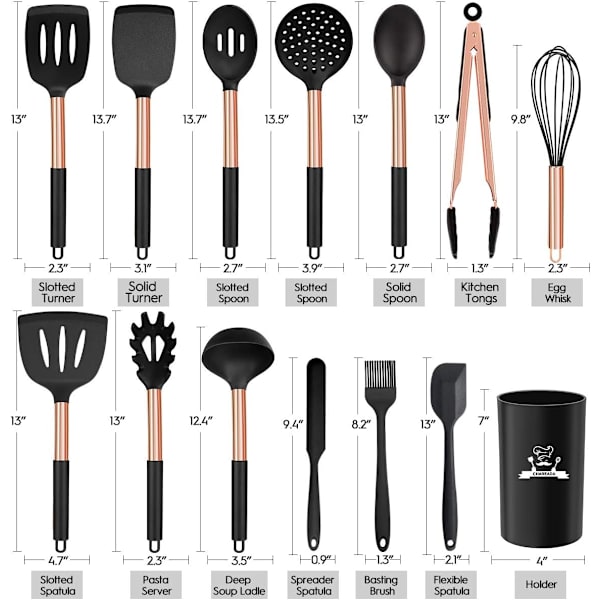 Silikon Køkkenredskaber Sæt, 14 stk Køkkenredskaber Sæt Non-stick - BPA Fri, Ikke-giftig