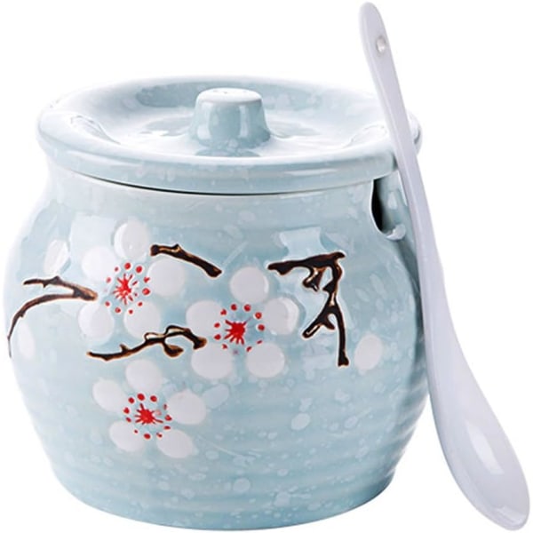 Japanese Flower Sugar Bowl Seasoning Pot Salt Storage Jar with Lid Spoon