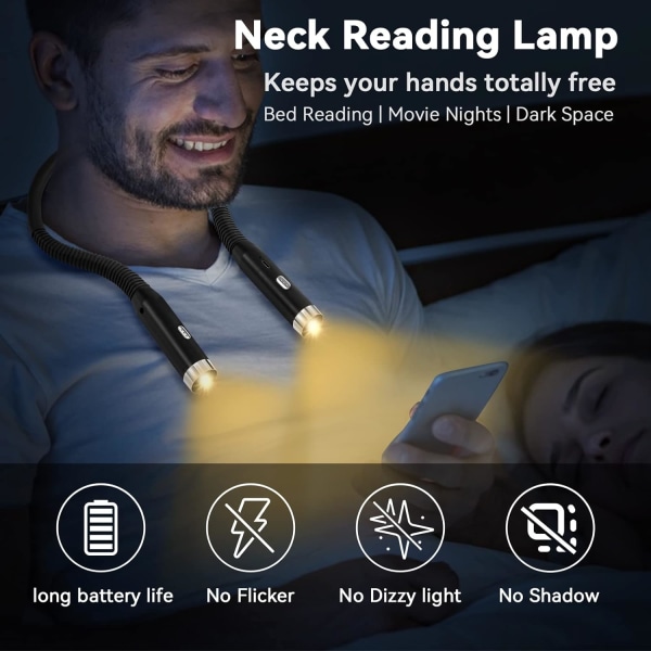 Halsläslampa, laddningsbart läsljus för sängen, 3 färger och 3 justerbara ljusstyrkor, 360° hopfällbar, USB LED-läslampa