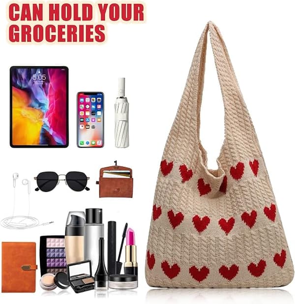 Hæklet mulepose, strikkede håndtasker til kvinder, netstrandtaske, strandtaske til kvinder, retro hæklet netstrandmulepose, boho skuldertaske, khaki+rød Khaki+red