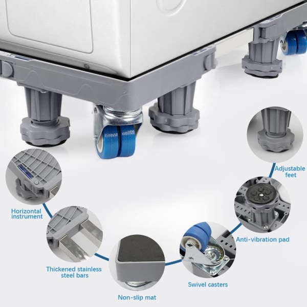 Justerbar tvättmaskinsbas 45cm-68cm stödjer belastning 300kg brusreducerande effekt med för kylskåp/tvättmaskin/torktumlare