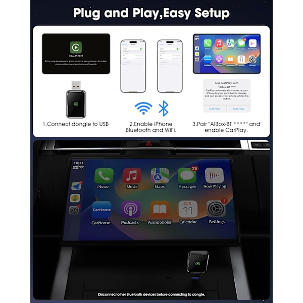 CarPlay Trådløs Adapter til iPhone - Plug-and-Play Opsætning, Bred Kompatibilitet med iPhones der Kører iOS 10+