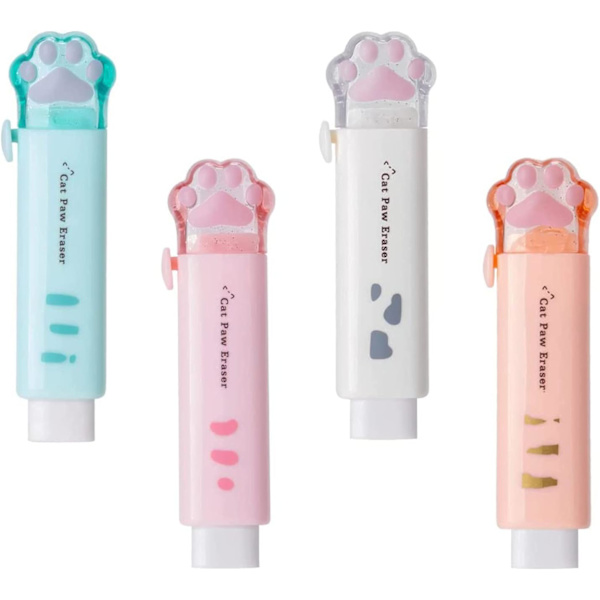 4 söpöä pyyhekumia, sisäänvedettävä pyyhekumi Kawaii kissan tassu pyyhekumit lapsille, kumi push-pull pyyhekumi opiskelijoille kirjoittamiseen, piirtämiseen esteettiset pyyhekumit