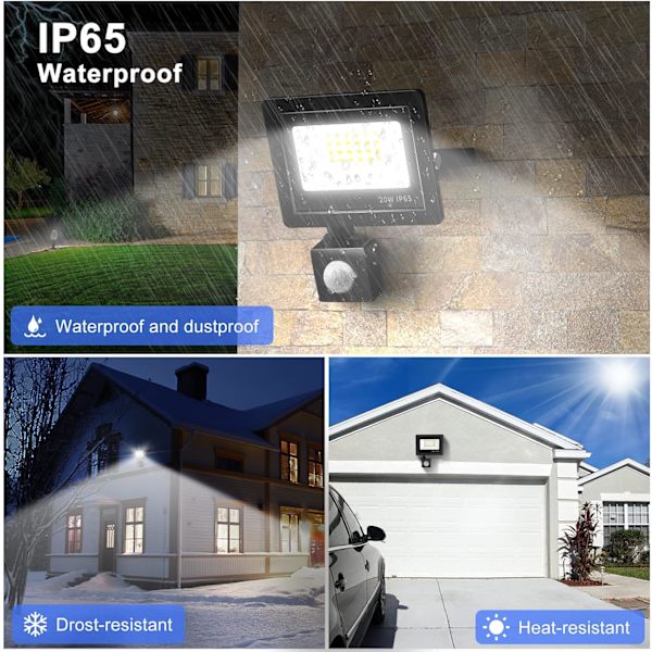 Utomhus LED-strålkastare med rörelsesensor 20W, 24 LED-strålkastare IP65 Vattentät utomhusbelysning 6500K 220v Spotlight (2-pack)