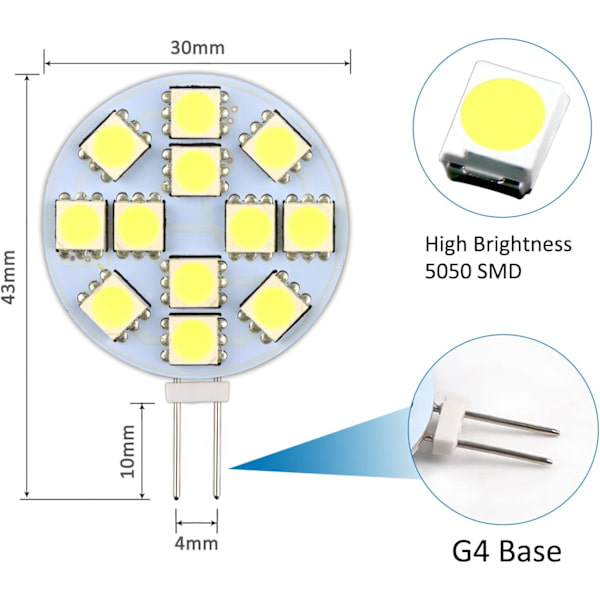 G4 LED-pære 2W, AC/DC12-24V, 200LM kald hvit 6000K, 12x 5050SMD, 20w halogenekvivalent, ikke-dimbar, G4 runde LED-pærer, 6-pakning