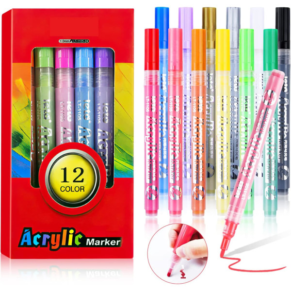 12 st Akryl Marker Paint Pen Medium Spets, Rund spets 1-2mm Permanent Vattenbaserad Paint Penna
