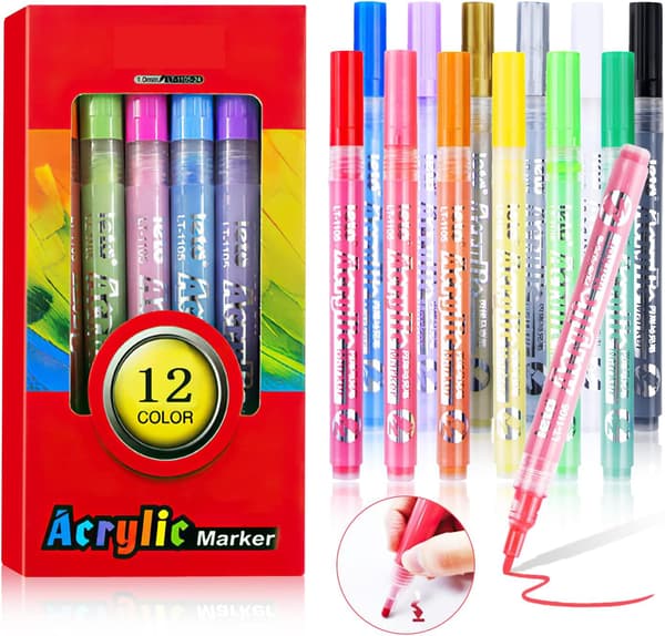 12 stk akrylmalingpenner med medium spiss, rund spiss 1-2 mm permanent vannbasert malingpenn