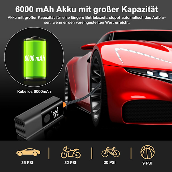 Däckpump för bil, 6000mAh Mini Bärbar Luftkompressor, 150 Psi Cykelpump med Tryckmätare, Elektrisk Däckpump för Bil, Cykel, Bollar