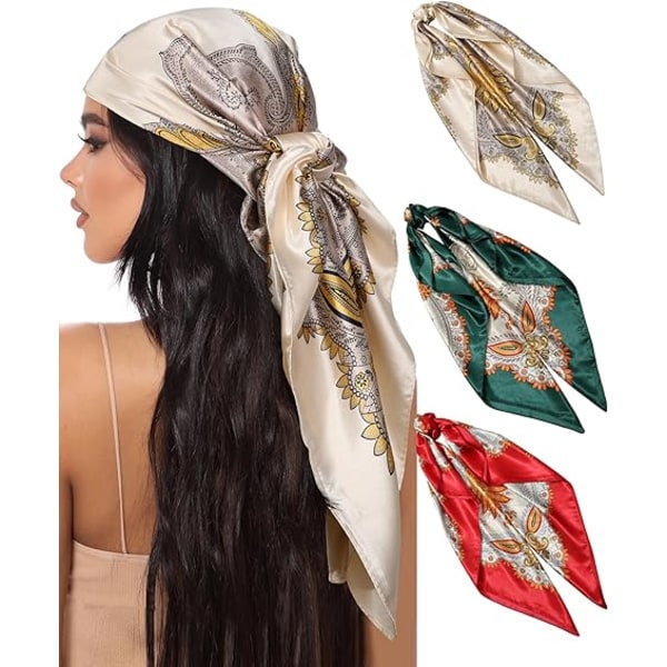 35” Large Square Satin Head Scarf-3Pcs Satin Hair Scarves Silk Bandana Scarf Headscarf Silk Feeling Scarf for Women