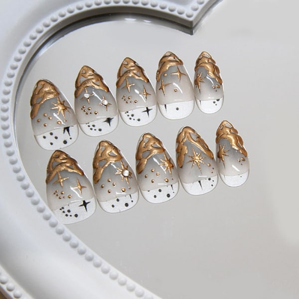 30 stk. Franske Tip Press-on Negle Mandel Medium Længde, 3D Sol Måne Kunstige Negle med Design, Guld Skinnende Falske Negle Sæt, 15 Størrelser