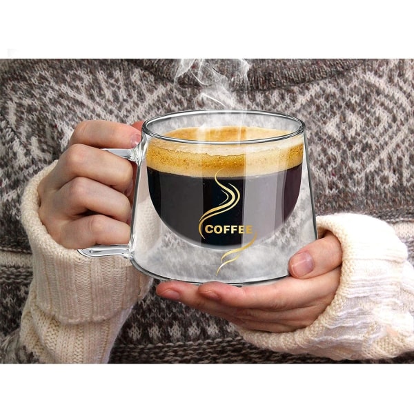 Dubbelväggig kaffemugg 200 ml, set med 2 kaffekoppar med handtag, handgjort isolerat borosilikatglas, diskmaskinsäker och värmebeständig, idealisk mugg