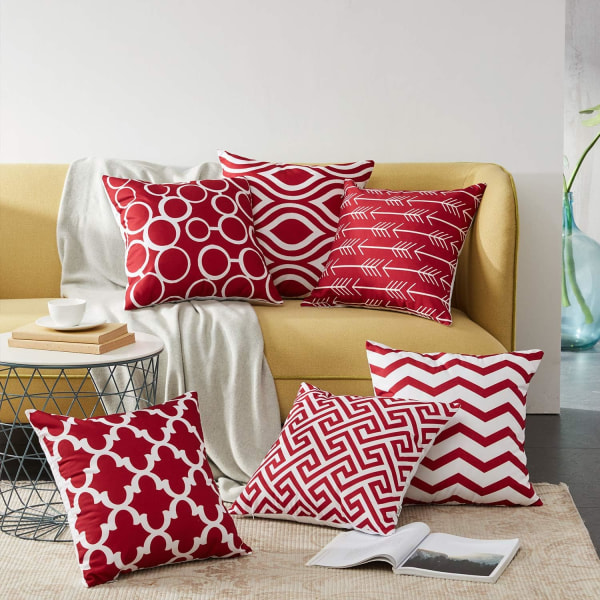 100% Hållbara Canvas Kvadratiska Dekorativa Kuddfodral för Soffa, Set om 6, 18×18 Tum Red