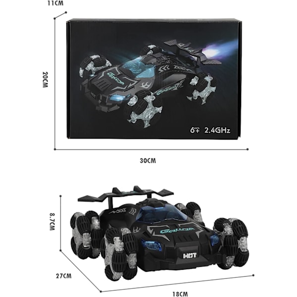 Fjernstyret bil til børn, 2,4 GHz RC-bil med LED-lys, 360° rotations spray driftbil med genopladeligt batteri, 4WD høj hastighed 20 km/t RC
