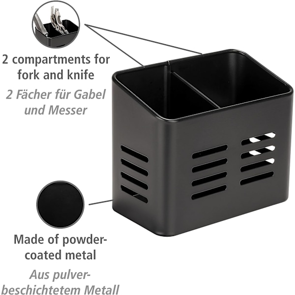Bestikkskuff, svart utendørs kjøkkenkurv, laget av svart pulverlakkert metall, for servise, 16 x 13,5 x 9 cm