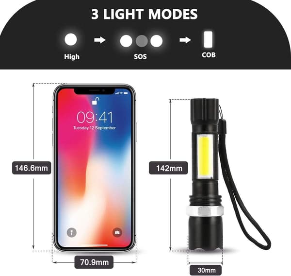 600 lm ladattava LED-taskulamppu, 3 tilaa, IPX5 vedenpitävä [Energiatehokkuusluokka A+]