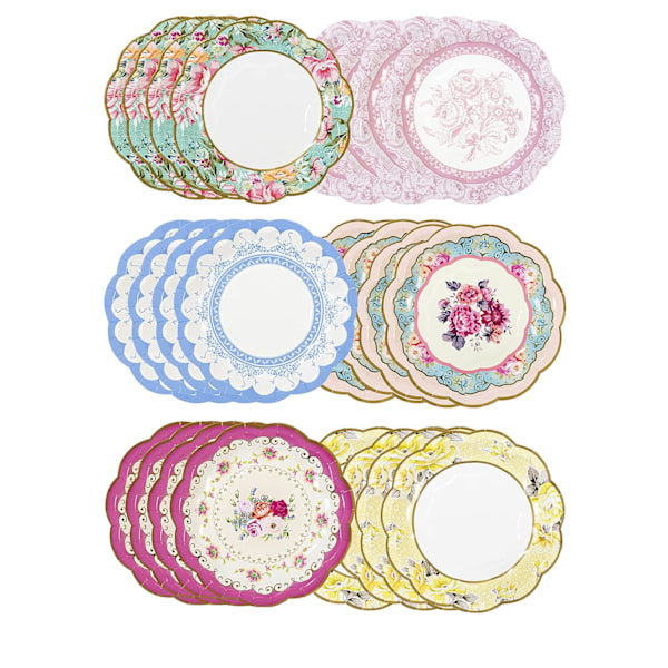 Pakkaus, jossa 24 vintage-kukkakuvioista, aaltoilevareunaista paperilautasta | Hienot kertakäyttöastiat syntymäpäiville tai puutarhajuhliin, iltapäivätee, 17,5 cm