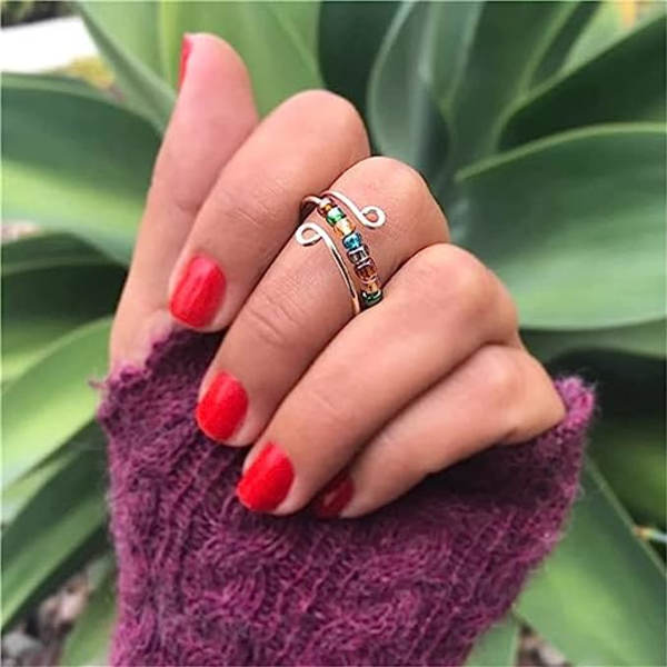 Kör bort din ångest med regnbågsfärgade pärlor Fidget Ring, pärlor Spinner Ring, justerbar öppning