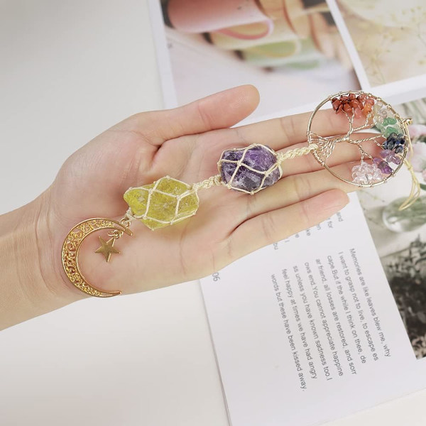 Livets Træ Chakra Sten Hele Krystaller Måne og Stjerne til Væg Ornament Meditation Hængende Bil Ornament(Amethyst + Citrin)