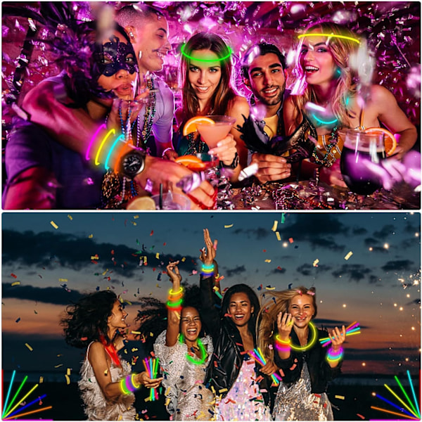 100 stk. Glow Sticks, Glowsticks Party Pack, Selvlysende Festartikler, Selvlysende Neon Halskjeder
