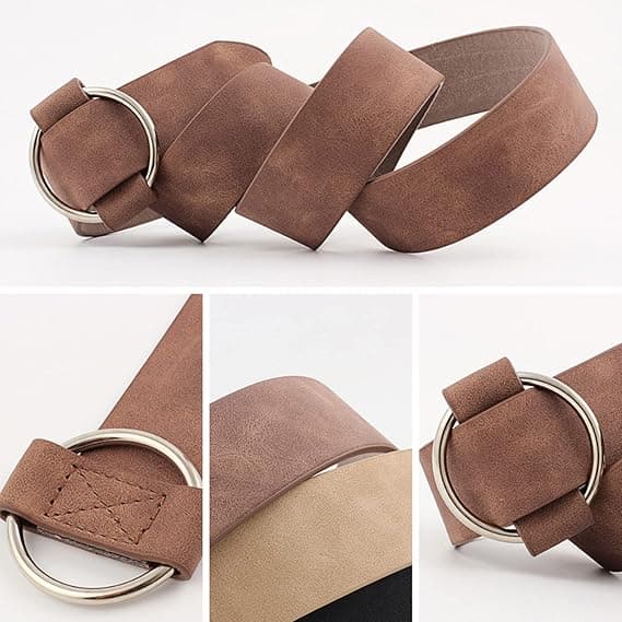 Midjebälten för kvinnor utan hål/stift PU-läder rund ring spänne, enkel cirkulär spännedesign, flexibel längdmatchning, kaffe Coffee