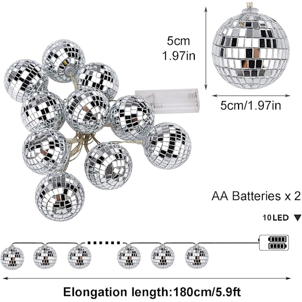 Spejlkugle-lyskæde, disco-spejlkugle-LED-strenge, 10 LED-spejlkugler
