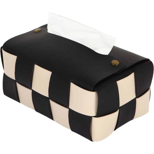 Tissue Box Cover, Rektangulär Tissue Box Hållare, Modernt PU-läder, Elegant schackbräde för vardagsrummet, Dekorativ hylla, Badrumsdisk (svart)