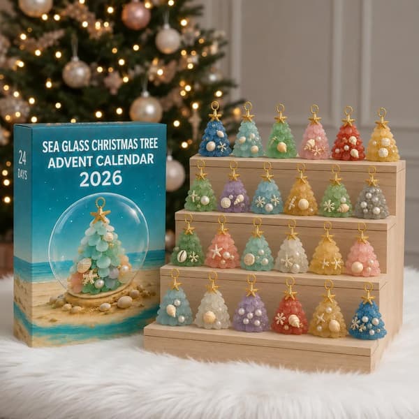 Adventskalender med juletrepynt i sjøglass, 24-dagers nedtellingdekor