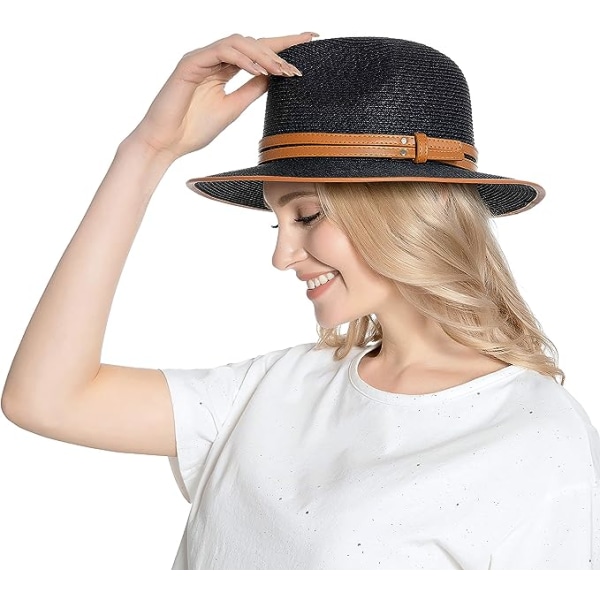 Brittiskt bältelindad jazzstråhatt kvinnlig bred takfot stråhatt Panama hopfällbar hatt sommar strandsolhatt, svart