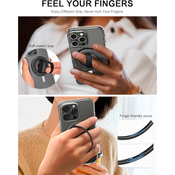 Telefon Grepp Stativ med Utbytbart Elastiskt Fingerloop, Avtagbar Magnetisk Ringhållare Kickstand Loop