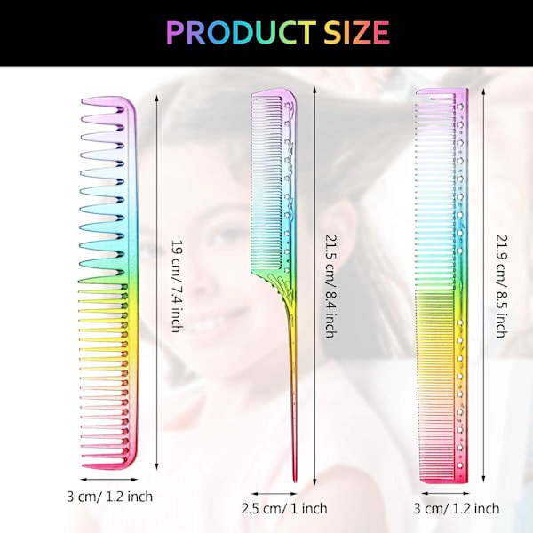 3-pakning Fine Cutting Combs Salon Combs Fine Tooth Combs Styling Combs Anti-Static Heat Resistant Hair Combs (Rainbow)