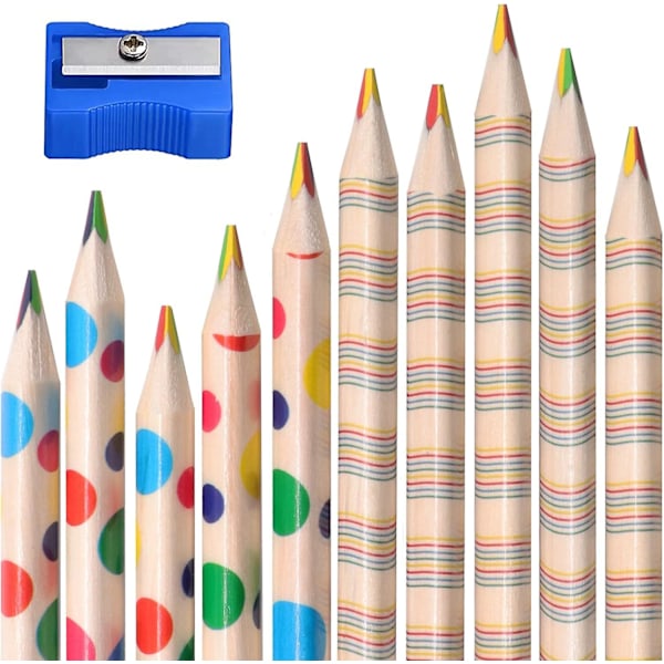Regnbågsfärgade pennor med vässare, 10-pack färgade pennor för barn