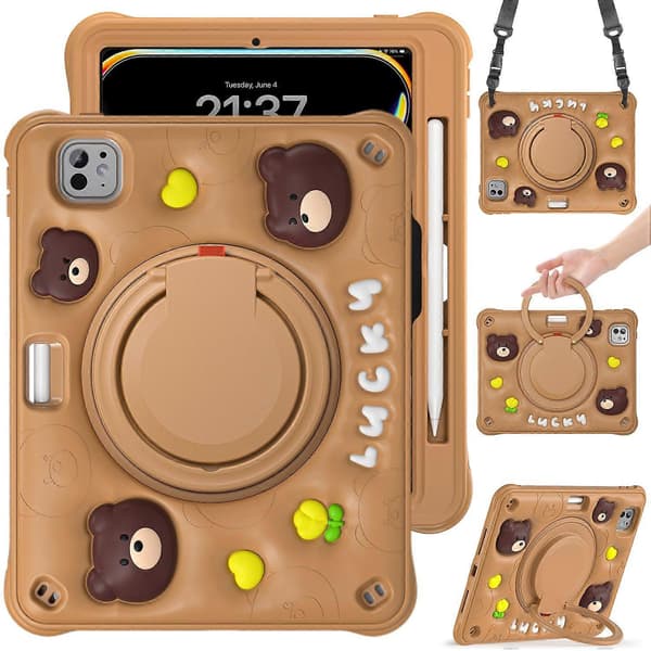 Fodral för iPad Pro 11 (2024) med axelrem, stativ, PC+Silikon+TPU Tecknad Björn Tablettskydd