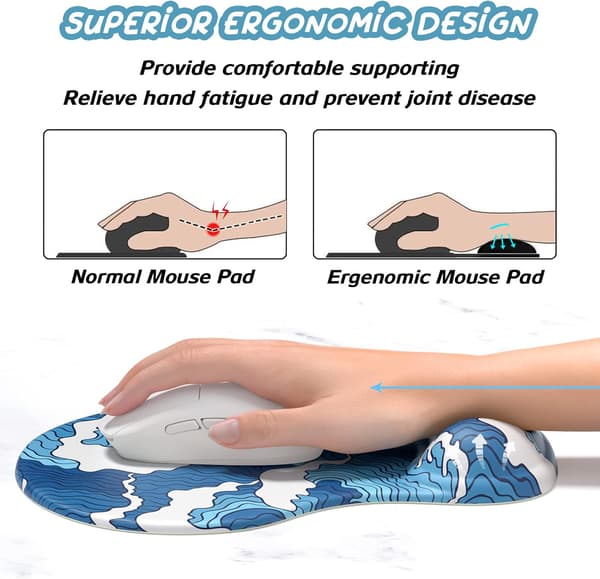 Ergonomisk musemåtte med håndledsstøtte, gelmusemåtter med skridsikker PU-base, musemåtte i memoryskum, sød musemåtte til bærbar pc, blå ocean Blue Ocean