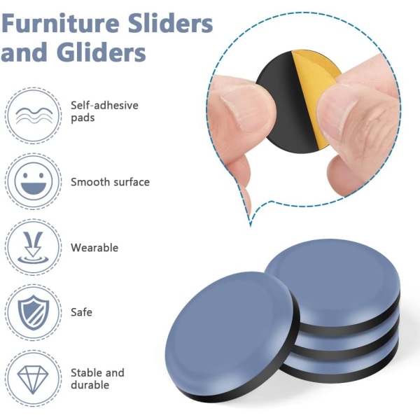 8 st mattmöbler glidare, 50 mm självhäftande runda möbelflyttare glidare, återanvändbara möbelflyttare