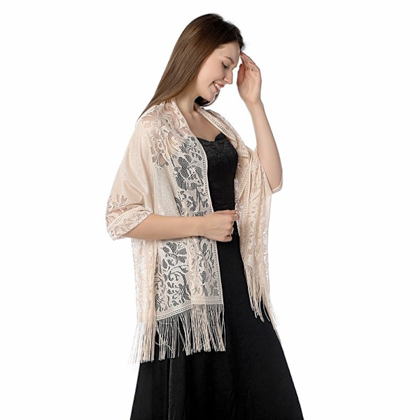 Dam Pashmina Sjal med Blommor och Spetsar - Perfekt för Fester, Baler och Bröllop Camel