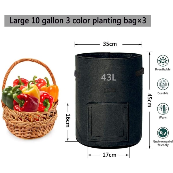 Plantpåsar 3-pack 10 gallon Plant Grow Bags, Grönsakspåsar med lock och handtag för potatis, morötter