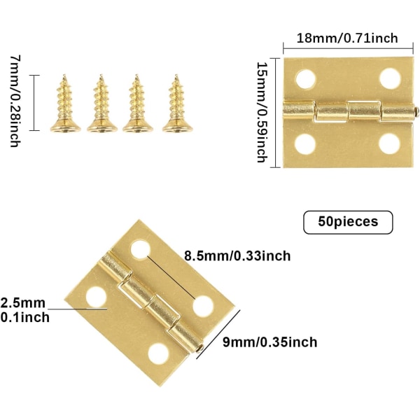 50 stycken minimodelleringsgångjärn, 18 x 15 mm små gångjärn i mässing i rostfritt stål, hållbart, för smyckeslåda med 200 skruvar - guld