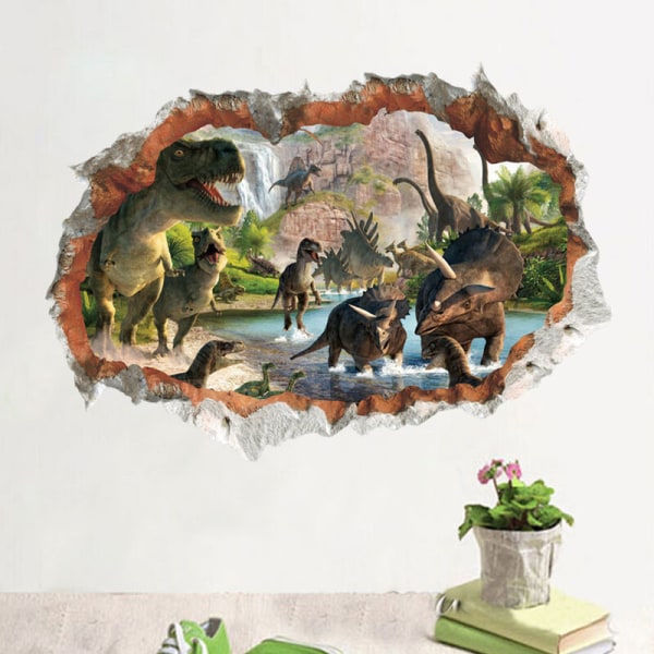 Dinosaurier i floden 3D Väggdekal 3D Exteriör Sprucken Väggdekor Avtagbar DIY Vinylvägg Vardagsrum Sovrum Hemdekor