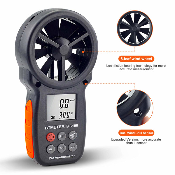 Digital Anemometer Handheld - BTMETER BT-100 Vindhastighetsmätare Mätare, Mät noggrant vindtemperaturhastighet CFM med MAX/MIN/AVG