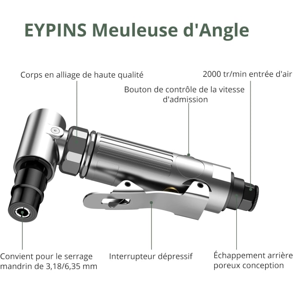 Pneumatisk vinkelsliper 1/4\" 90psi (6,35 bar) 20 000 o/min med 4 forskjellige skiver 2 dorner 3mm/6mm for polering og sliping av bilkarosseripolering