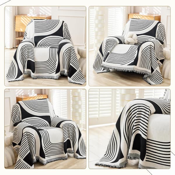 Boho Sofatrekk, Chenille Sofatrekk, 180 x 230 cm, Svart, Vaskbart, Sklisikkert, med Dusker for 1-seters Sofa, Lenestol, Stol 180*230cm Black