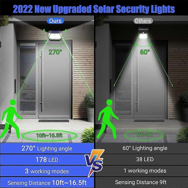 Utendørs solcellelamper 202 LED Utendørs bevegelsessensor med 3 moduser, stor vinkel 270 og IP65 utendørs solenergitank (sett med 2)