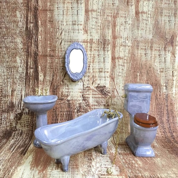 Dockhusmöbler Miniatyr Badrum Set Lila Badrumstillbehör 4PCS-1:12 Skala (Blå Grå)