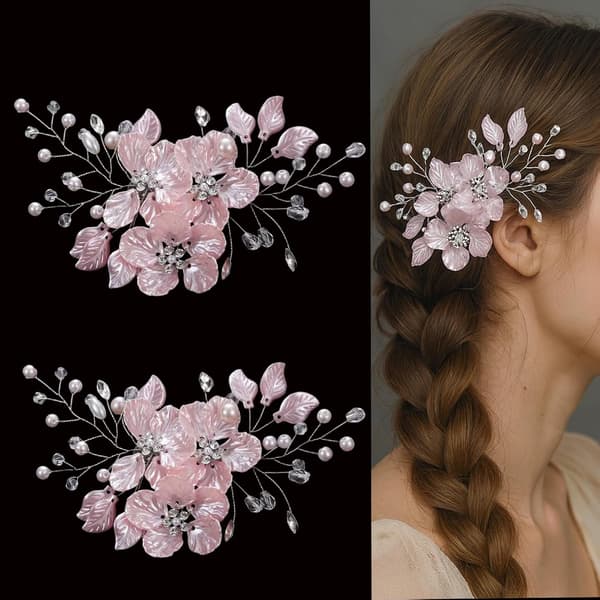 2 stk. elegante lyserøde blomsterperlehårklemmer – håndlavede krystal- og perlebryllupshårtilbehør til kvinder, brude, brudepiger og piger