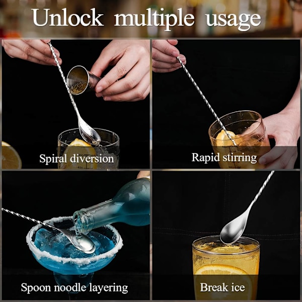 Cocktail-omrøringskje i rustfritt stål, lange håndtak, lang vridd cocktail-omrører for bartender, lang og attraktiv spiraldesign for omrøring Gun black