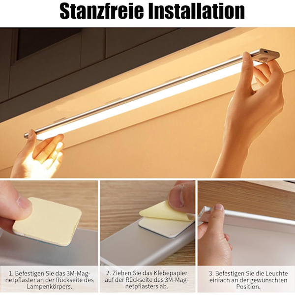 30 cm garderobsljus med rörelsesensor inomhus, trådlös LED-köksljusremsa, 6000K skåpsbelysning med 3 belysningslägen, USB-laddningsbar, 2-pack