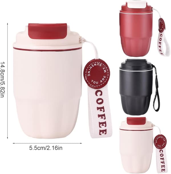 Kaffe Termokande, Mini Isoleret Kaffekrus, Rustfrit Stålforing + Dobbelt Tud til Drikning, Lækagesikker, 320 ml Red