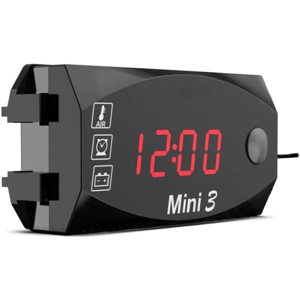 1 st 12V motorcykel digital klocka voltmeter motorcykel termometer refit tillbehör 3 i 1 elektronisk mätare för motorcykel, röd hög precision
