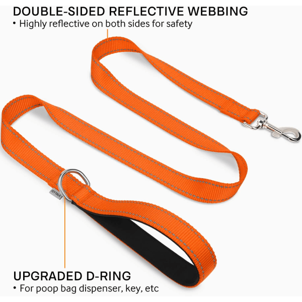 Reflekterende dobbeltsidig hundebånd for tunge hunder, med polstret håndtak, 1,2 m x 2 cm, oransje
