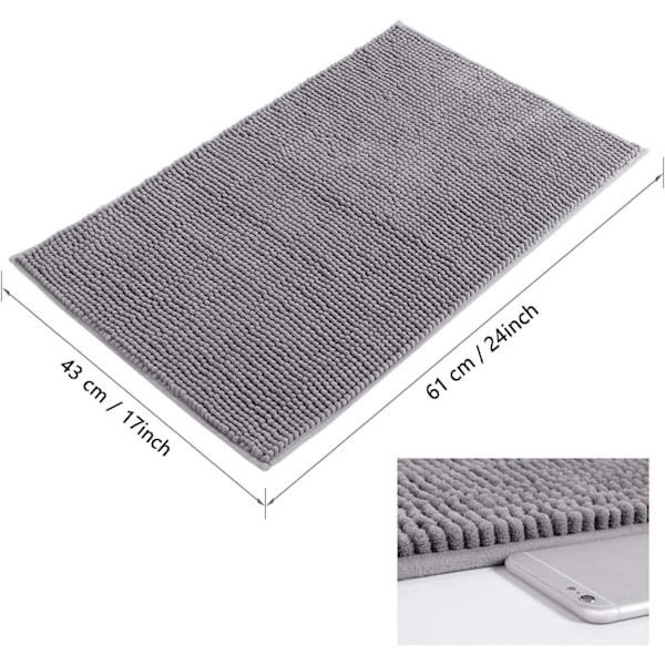 Liukumaton 61 × 43 cm Chenille -kylpymatto, helposti puhdistettavat kylpyhuonematot, pehmeä suihkumatto, harmaa